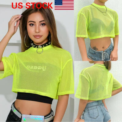 

US Women Summer See-through Crop Top Clubwear Casual Loose Shirt T-shirt Blouse
