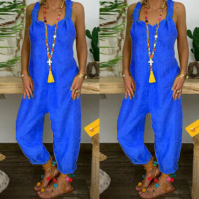 

Womens Sleeveless Casual Linen Jumpsuit Loose Wide Leg Pants Strap Harem Trousers Overalls