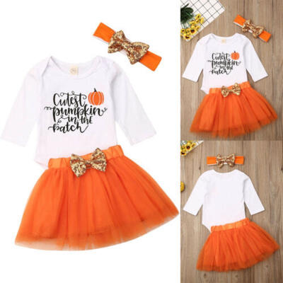

3PCS Newborn Baby Girls Pumpkin Romper Tutu Skirts Headband Halloween Outfits UK