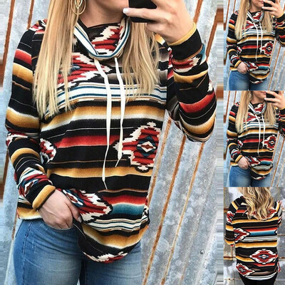 

Nomeni Fashion Women Piled CollarGeometric Print Bandage Long Sleeve Top Sweatshirt