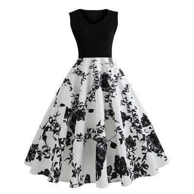 

Retro Print Sleeveless V-neck Tunic Swing Dress Elegant Women Maxi Dresses