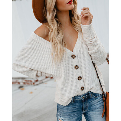 

Womens Knitted V Neck Coats Autumn Loose Buttons Long Sleeve Sweater Pullover