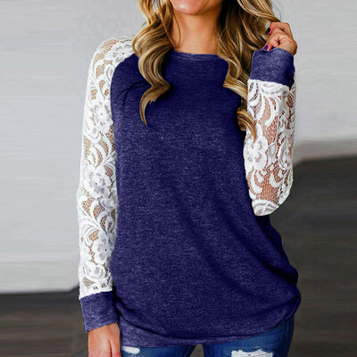 

Tailored Women Fashion Lace Floral Splicing O-Neck Long Sleeve T-Shirt Blouse Tops