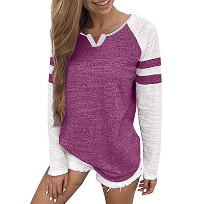 

Nomeni Womens Casual V Neck Patchwork Tee Shirts Tops Tunic Long Sleeve Blouse BKL