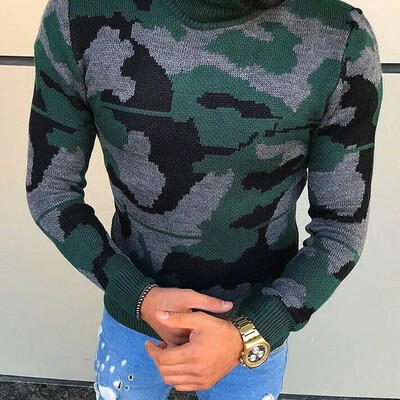 

Mens Long Sleeve Camouflage Pullover Turtleneck Knit Casual Top Turtleneck O-Neck Sweater