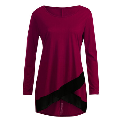 

Nomeni Women Loose Casual Long Sleeve O Neck Lace Patchwork Long Blouse Tops Shirts
