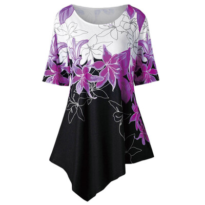 

Nomeni Large Size Women Flowers Printing T-Shirt Short Sleeve Casual Tops Blouse BUL