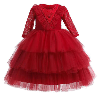 

Flower Print Dress Long Sleeve O-neck Children Lace Princess Cake Dresses