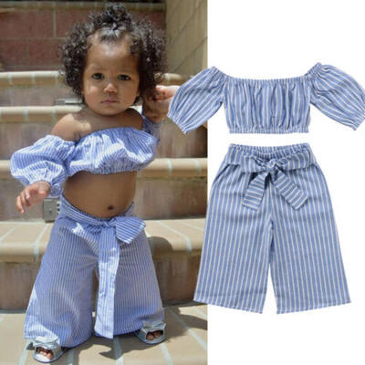 

Baby Kid Girl Off-shoulder Tops T-shirt Casual Stripe Bowknot Long Pants Outfits
