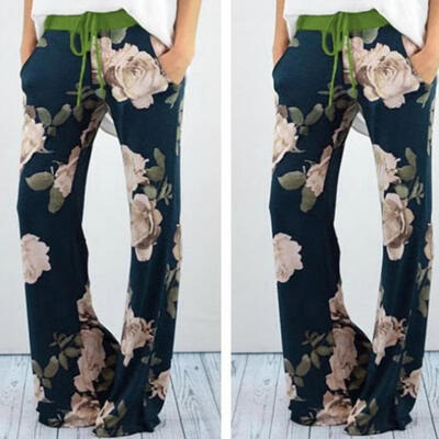 

Women Fashion Drawstring Pant Casual Loose Beach Wear Floral Print Long Pants