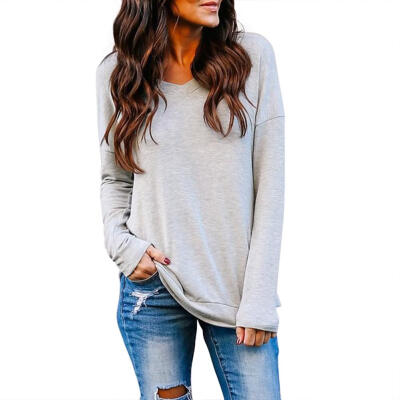 

Autumn Women T-shirt V-neck Backless Loose Solid Color Long Sleeve Tops