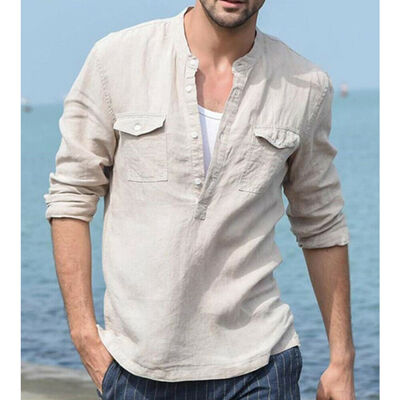 

Fashion Mens Casual Linen Long Sleeve Solid Shirts Dress Shirt Soft Tops