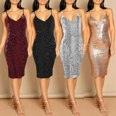 

Sexy Women Sequin Plunge V Neck Strappy Backless Bodycon Ladies Mini Party Dress