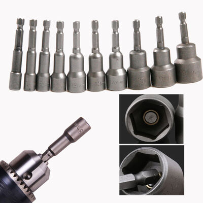 

8mm-19mm Socket Sleeve Magnetic Nut Driver Set Adapter Drill Bit 14 Hex Shank