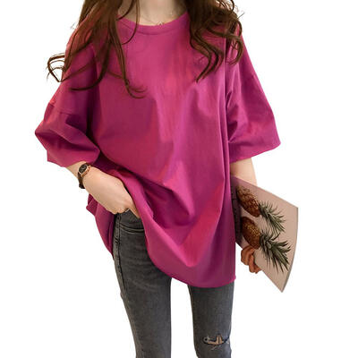 

Summer O-neck Half Sleeve T-shirt Long Section Candy Color Loose Women Tops
