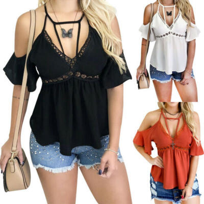 

Women Short Sleeve V Neck Chiffon Tops Summer Strappy Blouse Shirt T-Shirt US
