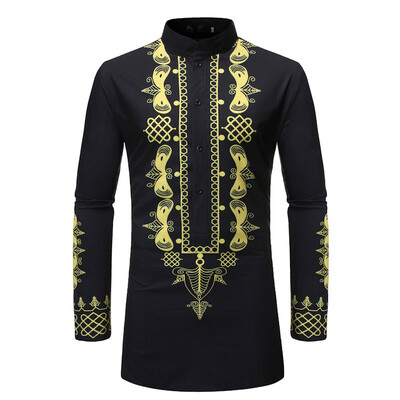 

Mens Ethnic Style Printed Tops Slim Long Sleeve Plus Size Button Down Shirts