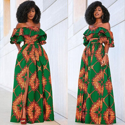 

Toponeto Fashion Women Sexy Strapless Print Leaf Sleeve Short Top Tight Skirt Sets