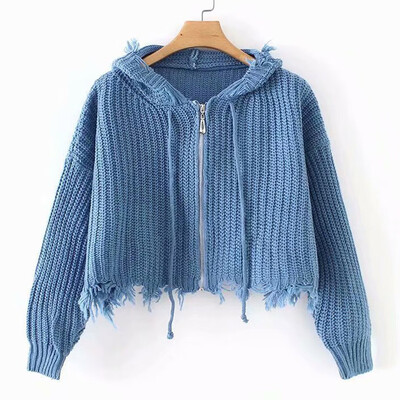 

Tailored Women Drawstring Solid Long Sleeve Sweatershirt Zipper Hoodie Knitt Sweater Top