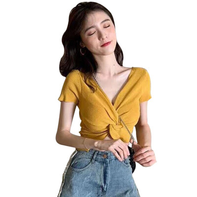 

Summer Short Sleeve Crisscross Knitted Crop Top Women Casual V Neck Solid T Shirt Women Slim Tops Camisetas Mujer