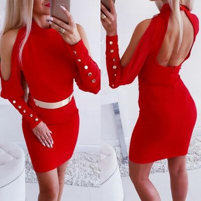 

Fashion Women Bodycon Mini Dress Backless Long Sleeve Evening Party Cocktail Dress Red -XL No Belt