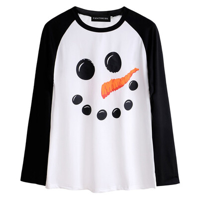 

New 2019 Women Fashion Cristmas snowman Printing O-neck Long sleeve Slim fit T-shirt