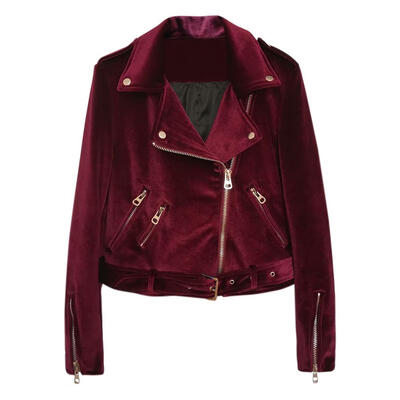 

Women Velvet Autumn Jackets Turn Down Collar Slanted Zipper Slim Fit Coat