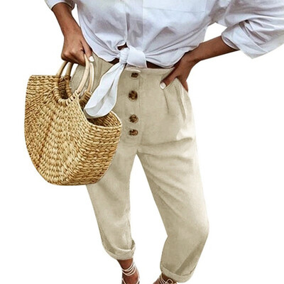 

Tailored Women Retro High Waist Pure Color Button Elastic Waist Casual Long Pants