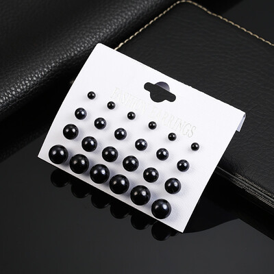 

12 Pairs Set Imitation Pearl Stud Earrings Set For Women Black White Color Fashion Ear Jewelry Gift For Girlfriend Brincos