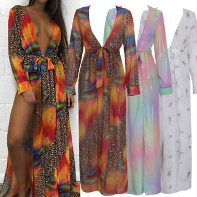 

US Womens Lady Boho Long Maxi Summer Floral Holiday Bikini Cover Up Beach Dress