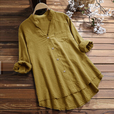 

Nomeni Womens Casual V Neck Loose Linen Plus Size Plaid Button Tanic Shirt Blouse Tops