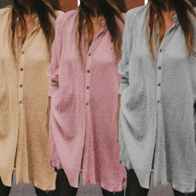 

New Womens Autumn Loose V Neck Linen Cotton Long Sleeve Shirts Blouse Tuinc Tops