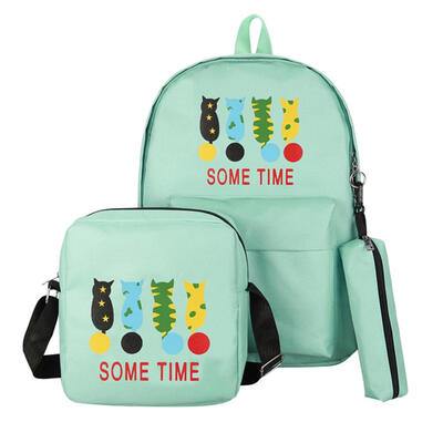 

3pcsSet Women Backpack Girl Cat Print Canvas Composite Crossbody Schoolbag