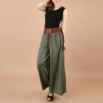 

Women Summer Solid Color Loose Wide Leg Loose Elastic High Waist Tie Straight Casual Nine Pants
