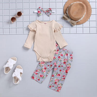 

UK Toddler Baby Girls Romper BodysuitFlower PantsHeadband Outfits Clothes Sets