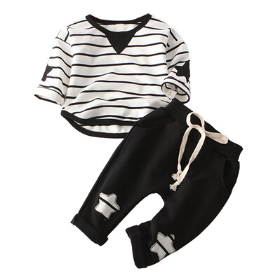 

Casual Fashion Girl Boy Toddler Cotton Stipe T-Shirt Star Solid Pants Set BK70