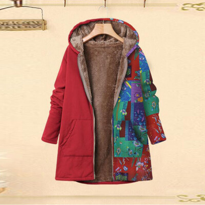 

Toponeto Plus Size Women Winter Warm Printed Pockets Thicker Zipper Hooded Coat Outwear