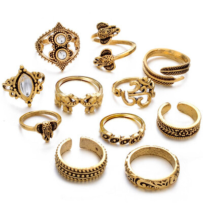 

Ring European Elephant Leaf Drop Ring Set Knuckle Midi Rings Antique Silver Color Punk Rings