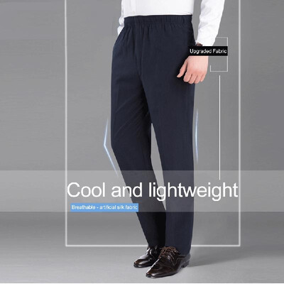 

Elastic waist thin summer silk imitation silk casual pants hand grasping flowers loose high waist breathable middle-aged long