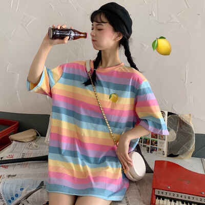 

Women clothes Summer Casual T Shirt Short Sleeve O-Neck Rainbow Striped Fruit Embroidery Loose Tee