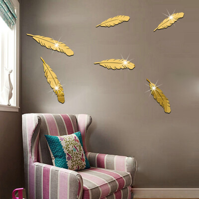

Toponeto 6pcsset Feather Acrylic 3D Mirror Wall Sticker Mural Decal Removable Home Decor