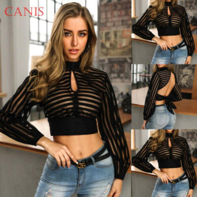 

US Womens Sexy See-Through Stripes Long Sleeve Backless Shirt Casual Blouse Tops