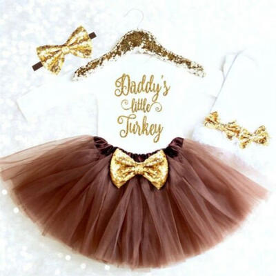 

US Newborn Baby Girl Thanksgiving Romper Bow Fancy Skirts Headband Outfits 4Pcs