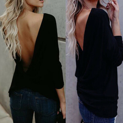 

Womens Sexy Long Sleeve T-Shirt Twisted V Open Back Backless Top Blouse