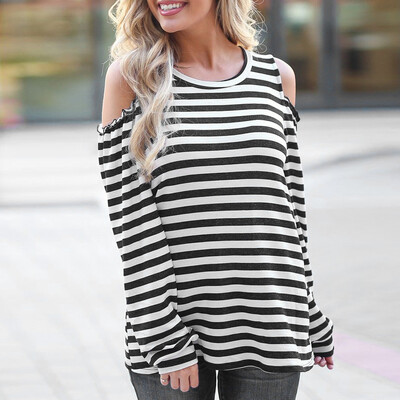 

Nomeni Fashion Womens Long Sleeve O Neck Off Shoulder Striped Causal Tops Blouse