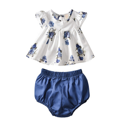 

Summer Baby Boy Girl Casual Floral Print Fly Sleeve Cotton Tops Briefs PP Pants Suit Set