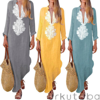 

Women Long Sleeve V-neck Boho Dress Summer Beach Cocktail Party Long Maxi Dress