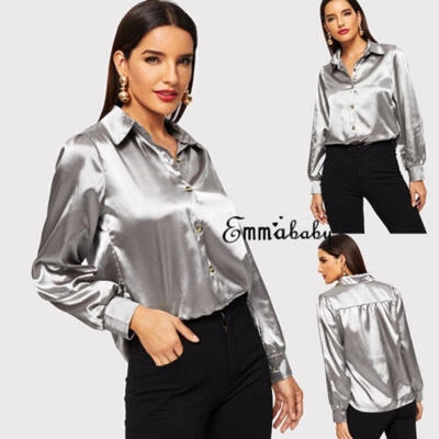 

US Women Long Sleeve V-neck Loose Tops T Shirt Ladies Plain Casual Button Blouse