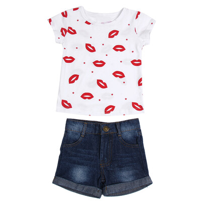

Baby Girl Clothing Set Red Lip Printed Short T-Shirt Short Denim Pant Set