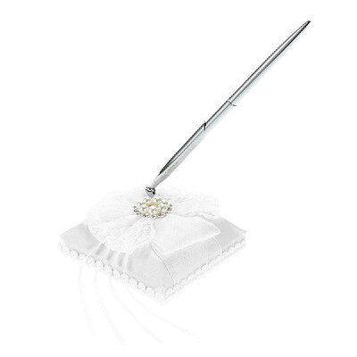 

Wedding Guest Book Pen Holder Silver Pen Flower Girl Basket Ring Pillow Set White Satin Pack of 5